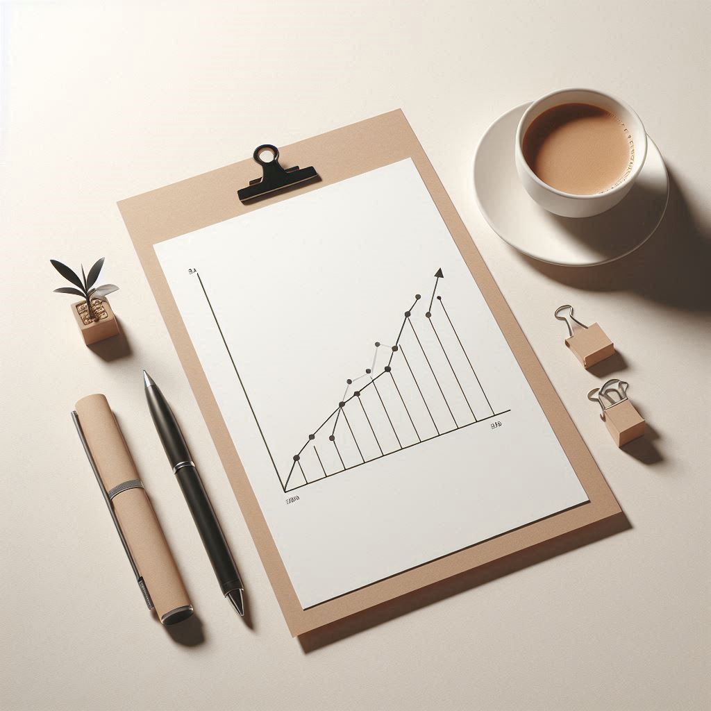 Clipboard på et bord med pen og kaffe